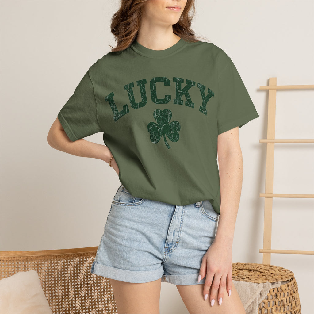 Lucky Clover Collegiate Shirt, Cracked Varsity Green Tee, St Patricks Day Shirt, Shamrock Gift