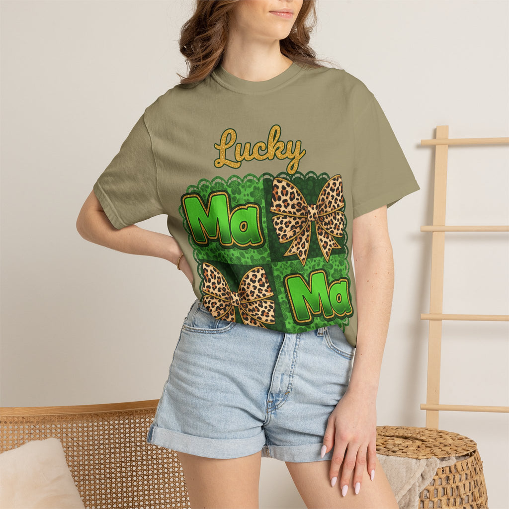 Lucky Mama Quad Shirt, Shamrock Leopard Bow Tee, St Patricks Day Mom Shirt, Irish Mama Gift