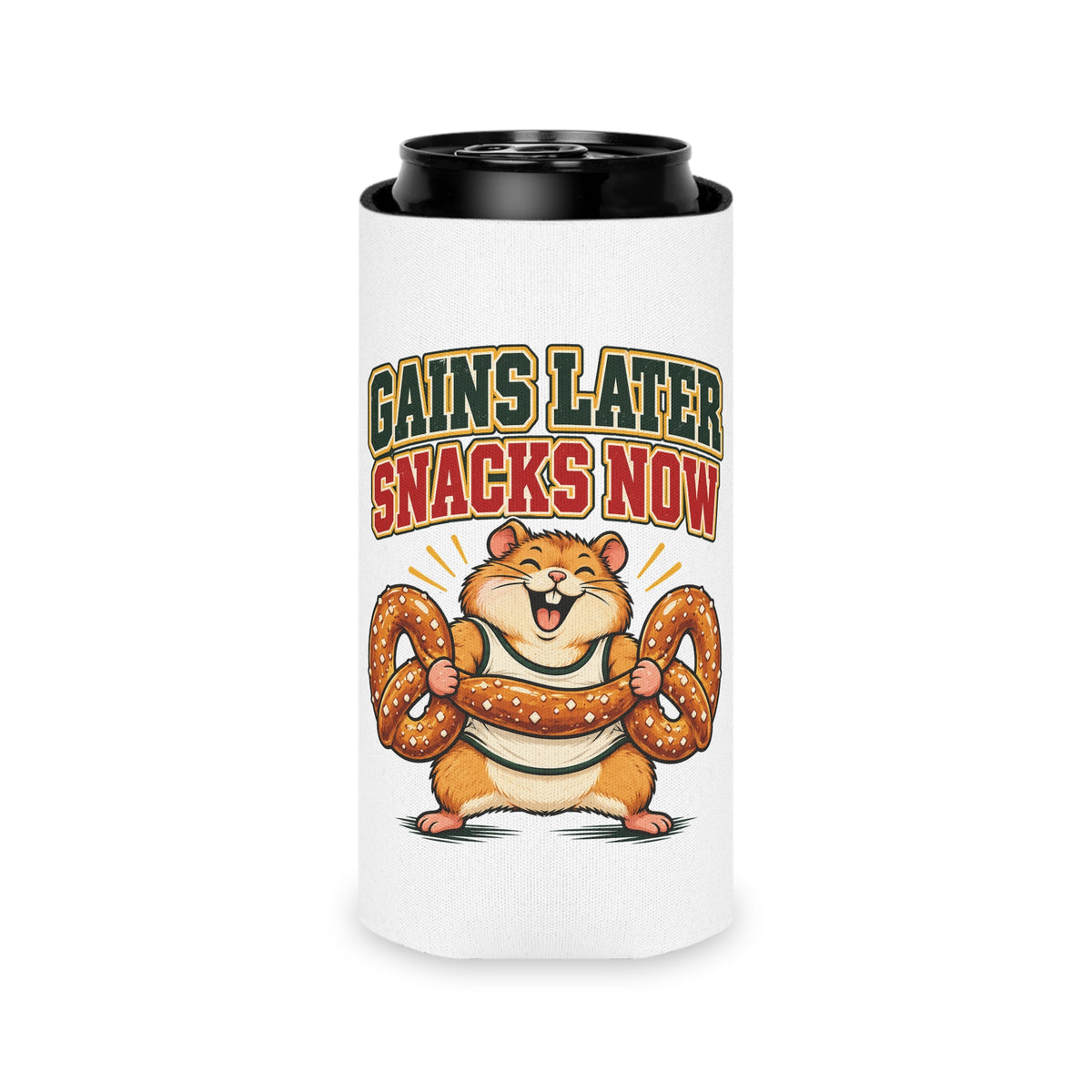 Gains Later Snacks Now Can Cooler, Funny Beer Can Sleeve, Gym Gift Stocking Stuffer