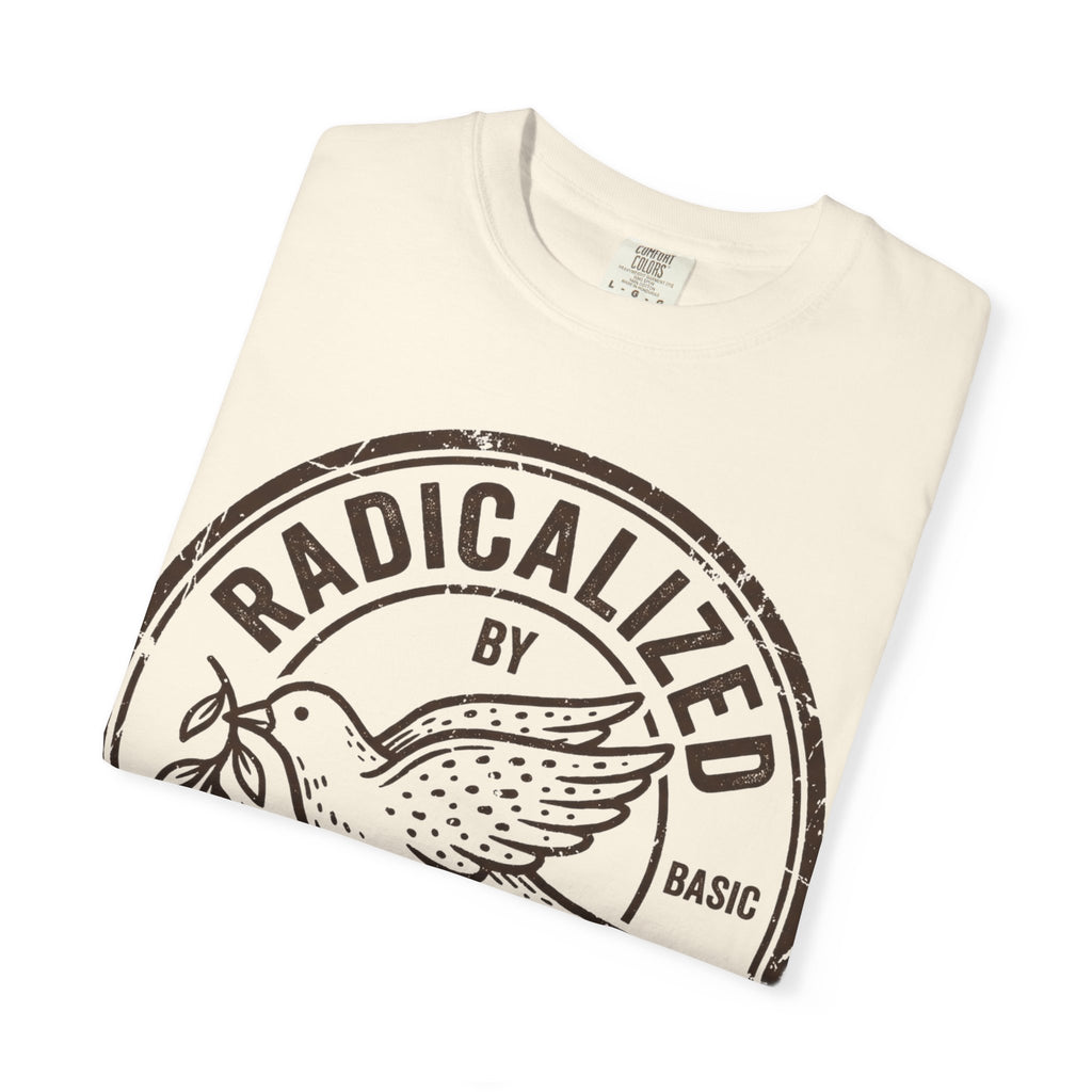 Radicalized By Basic Decency Brown Stamp Shirt, Flying Dove Badge Tee, Kindness Activist Shirt, Ally Gift