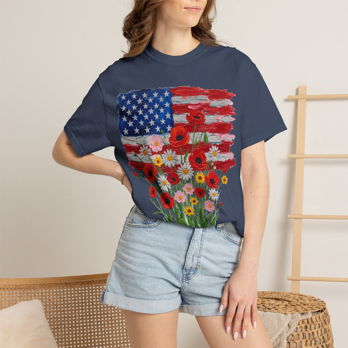 American Flag Poppy Bouquet Shirt, Impasto Patriotic Floral Tee, Memorial Day Shirt, Veterans Gift