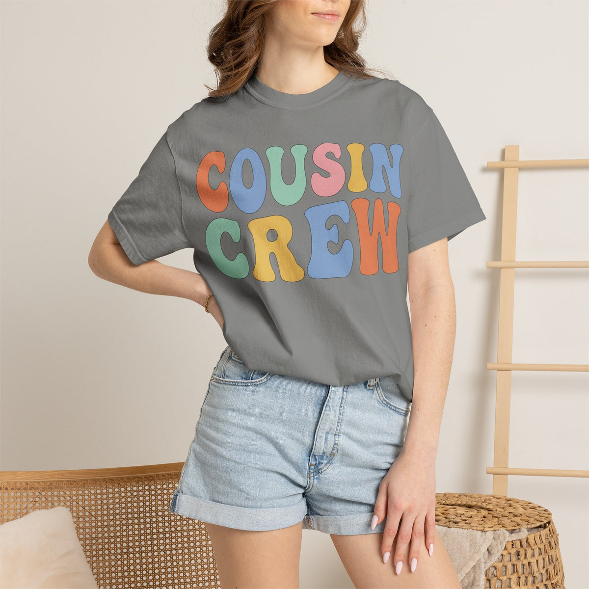 Cousin Crew Wide Groovy Shirt, Pastel Retro Letter Tee, Family Reunion Matching Shirt, Cousin Gift