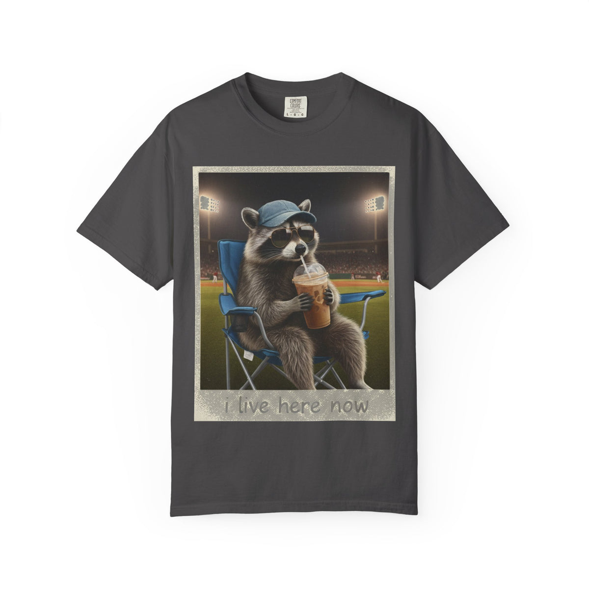 Baseball Raccoon Shirt, I Live Here Now Tee, Funny Ballpark Iced Coffee Shirt, Baseball Mom Gift
