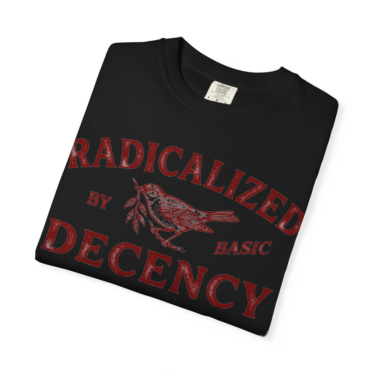 Radicalized By Basic Decency Bold Shirt, Engraved Bird Typography Tee, Kindness Statement Shirt, Protest Gift