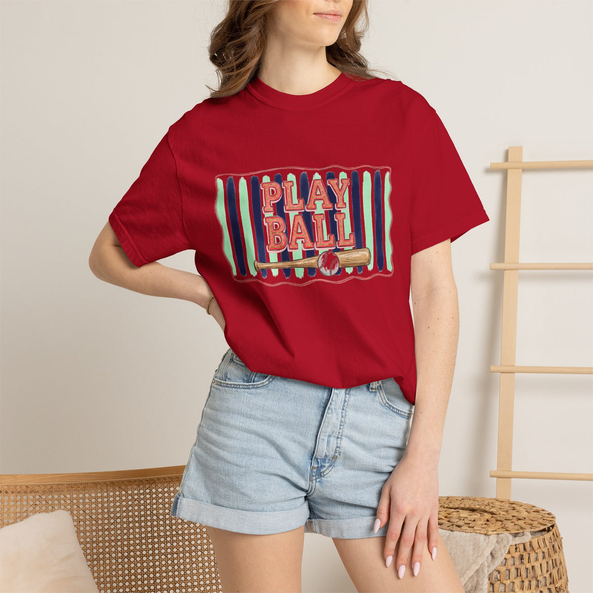 Play Ball Shirt, Painted Stripe Baseball Tee, Vintage Baseball Mom Shirt, Game Day Gift