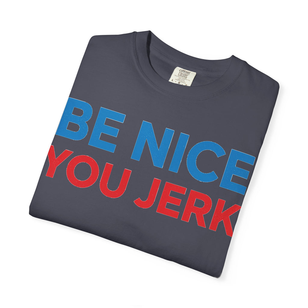 Be Nice You Jerk Wide Shirt, Funny Sarcastic Saying Tee, Light Blue And Red Shirt, Funny Friend Gift