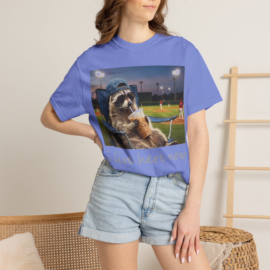I Live Here Now Baseball Raccoon Shirt, Funny Sports Parent Tee, Iced Coffee Raccoon Shirt, Baseball Mom Gift