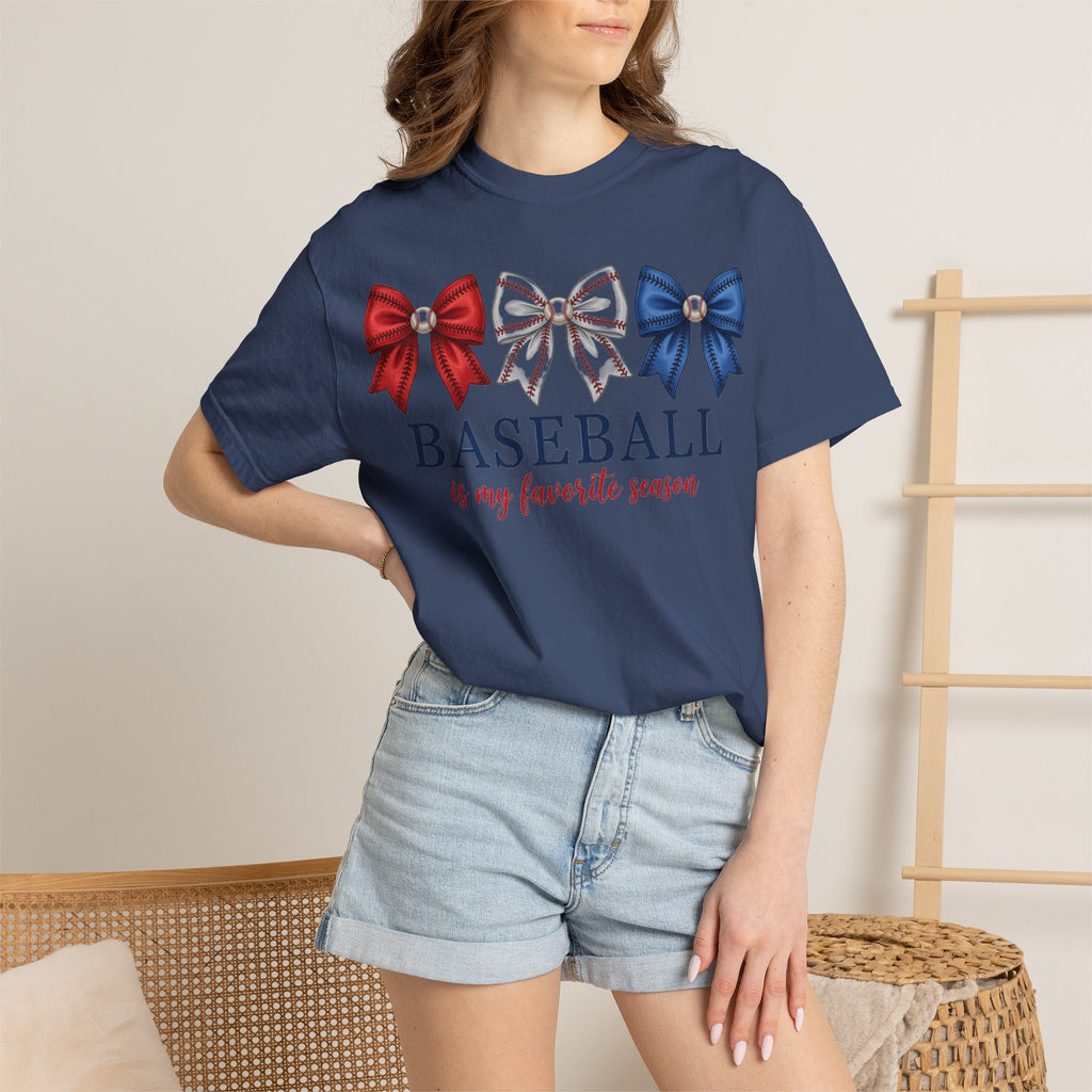 Baseball Is My Favorite Season Tee, Small Bow Trio Baseball Shirt, Coquette Sports Mom Shirt, Game Day Gift