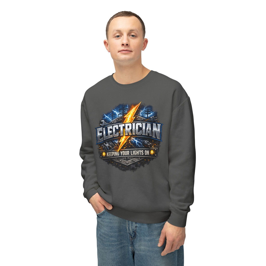 Electrician Crewneck Sweatshirt — "Keepin' Your Lights On" Graphic