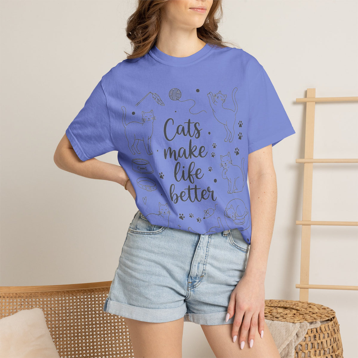 Cats Make Life Better Tall Shirt, Line Art Cat Collage Tee, Cat Lover Shirt, Cat Mom Gift