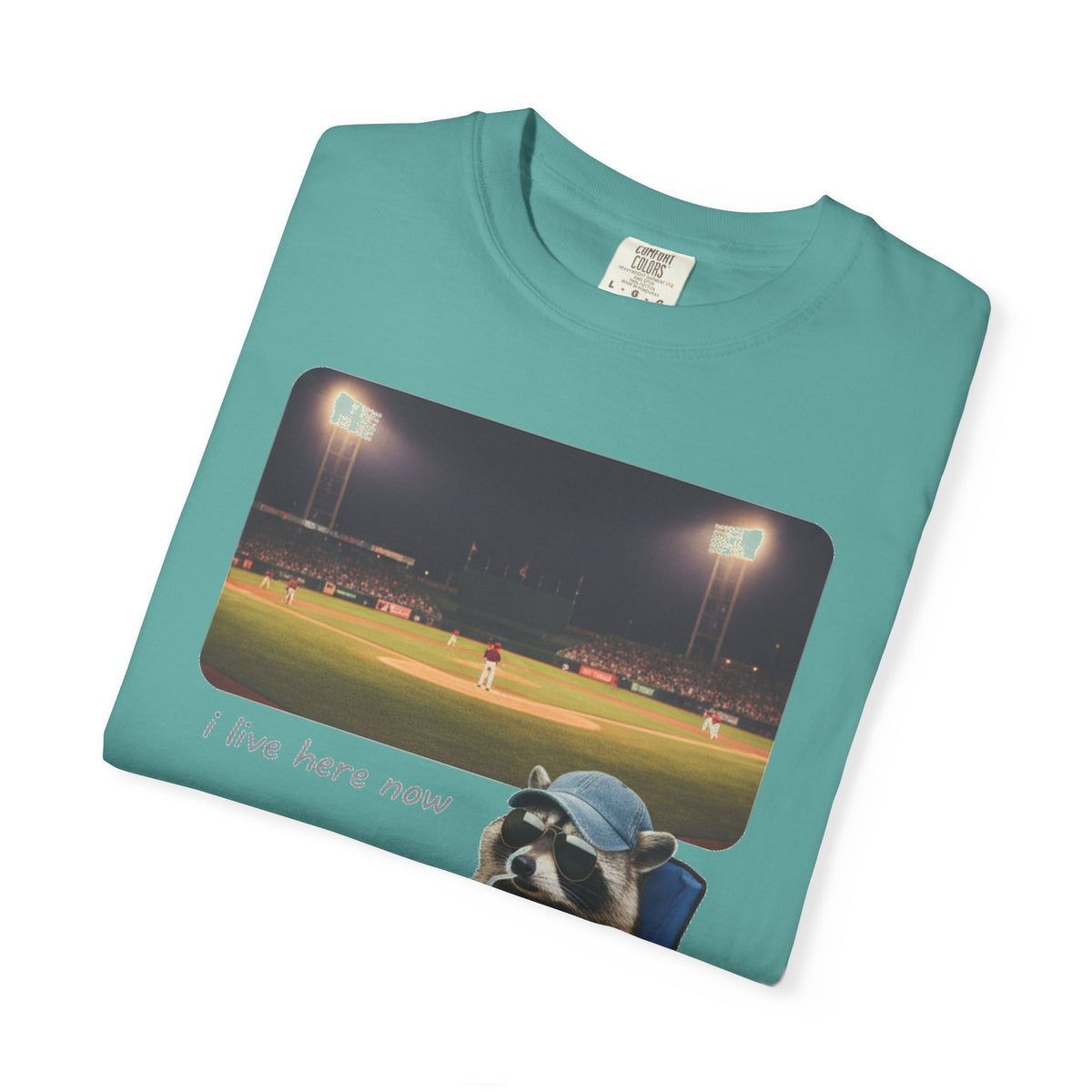 I Live Here Now Ballpark Raccoon Shirt, Funny Baseball Parent Tee, Camp Chair Raccoon Shirt, Sports Mom Gift