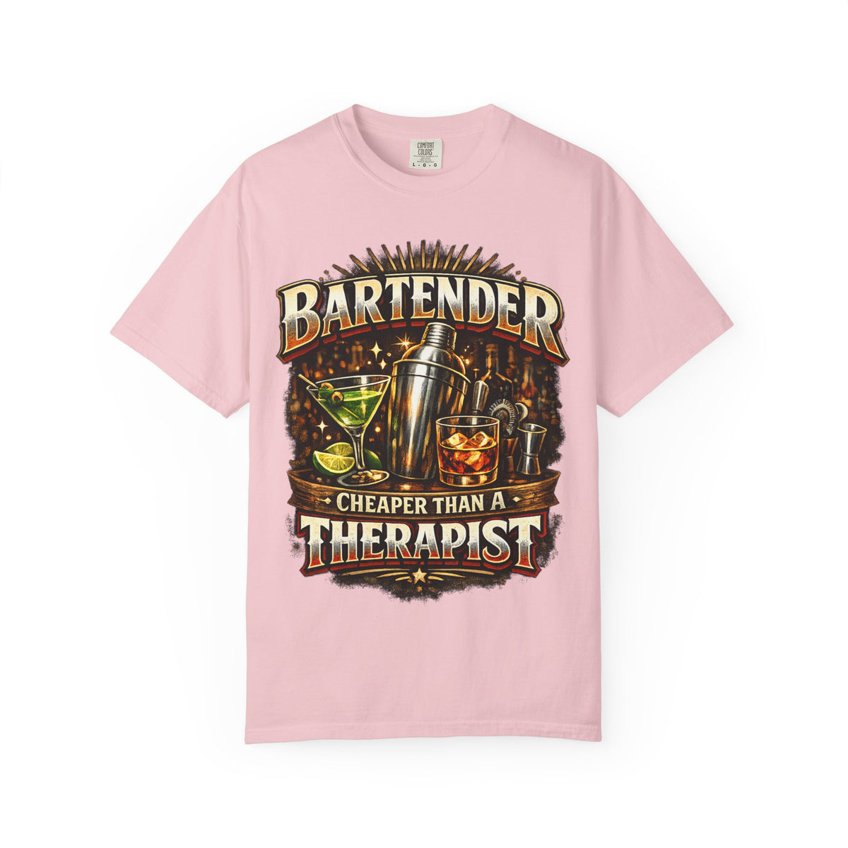 Bartender T-Shirt — "Bartender: Cheaper Than a Therapist" Vintage Bar Graphic Tee