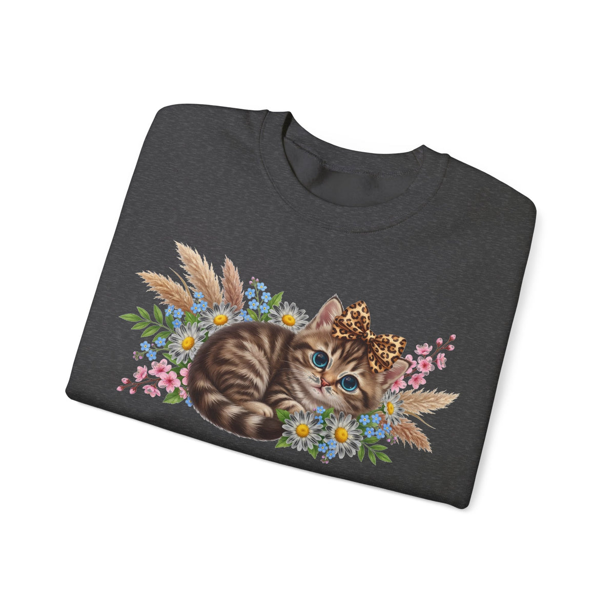 Cute Kitten Sweatshirt, Leopard Bow Floral Cat Sweatshirt, Coquette Cat Lover Gift, Tabby Kitten Pampas Flowers Sweatshirt, Cat Mom Boho Swe