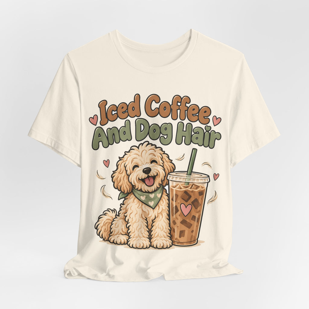 Funny Coffee Shirt Iced Coffee And Dog Hair | Cute Goldendoodle Iced Latte Shirt | Dog Mom Coffee Lover Gift