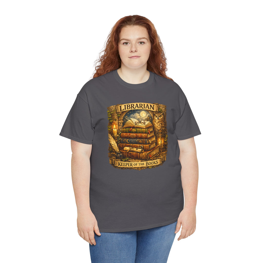 Librarian 'Keeper of the Books' T-Shirt — Vintage Bookstack & Owl Graphic