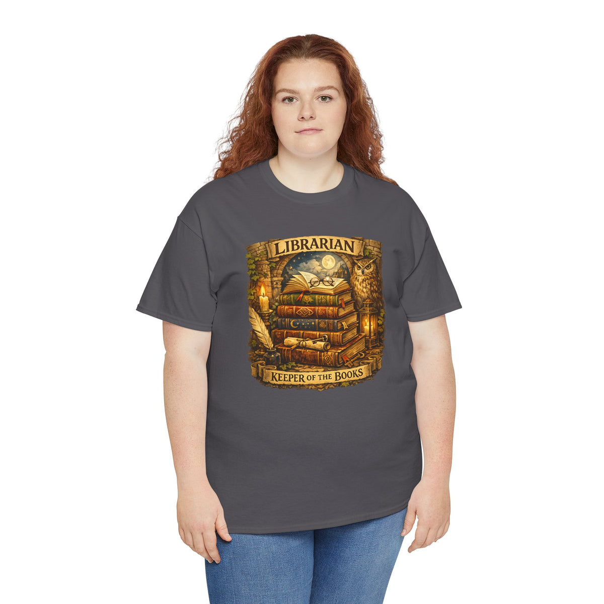 Librarian 'Keeper of the Books' T-Shirt — Vintage Bookstack & Owl Graphic