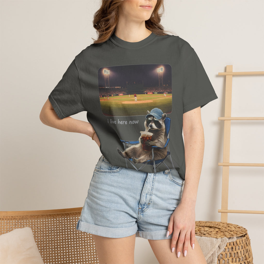 I Live Here Now Ballpark Raccoon Shirt, Funny Baseball Parent Tee, Camp Chair Raccoon Shirt, Sports Mom Gift