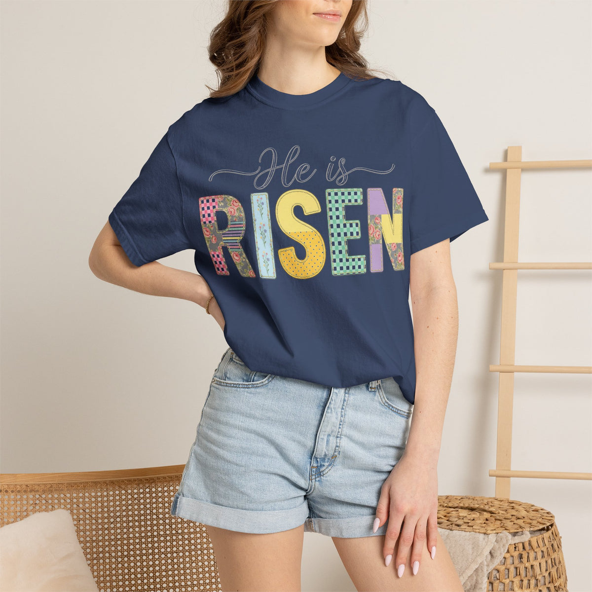 He Is Risen Floral Applique Shirt, Rose Gingham Easter Tee, Christian Patchwork Shirt, Easter Gift