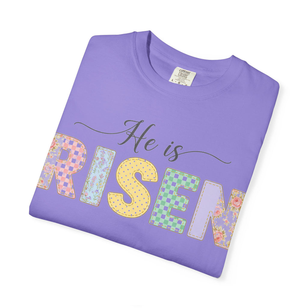 He Is Risen Pastel Patch Shirt, Easter Faux Stitch Letter Tee, Christian Spring Shirt, Easter Gift