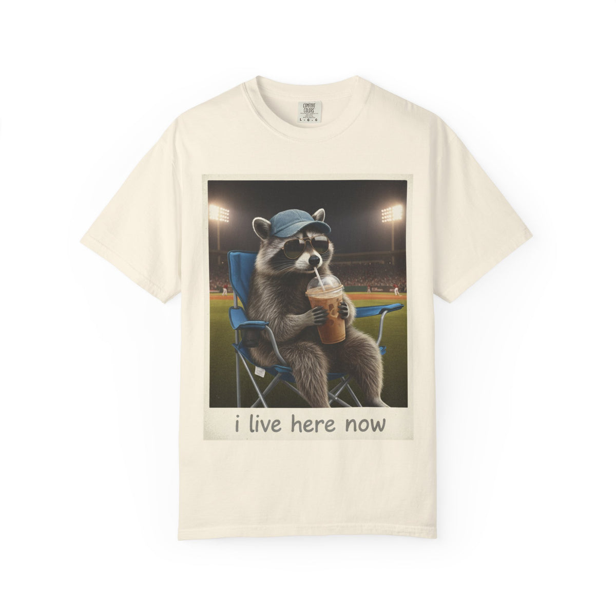 Baseball Raccoon Shirt, I Live Here Now Tee, Funny Ballpark Iced Coffee Shirt, Baseball Mom Gift