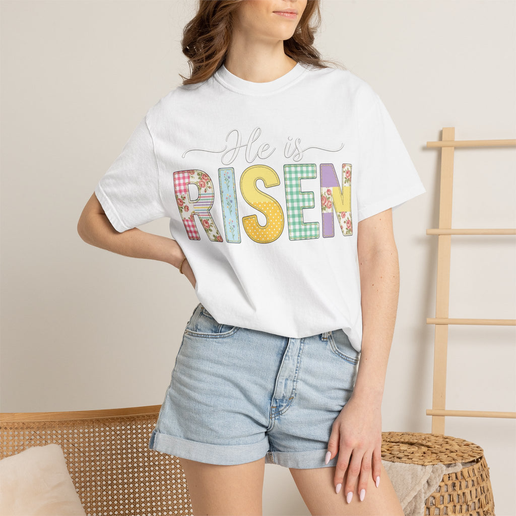 He Is Risen Floral Applique Shirt, Rose Gingham Easter Tee, Christian Patchwork Shirt, Easter Gift