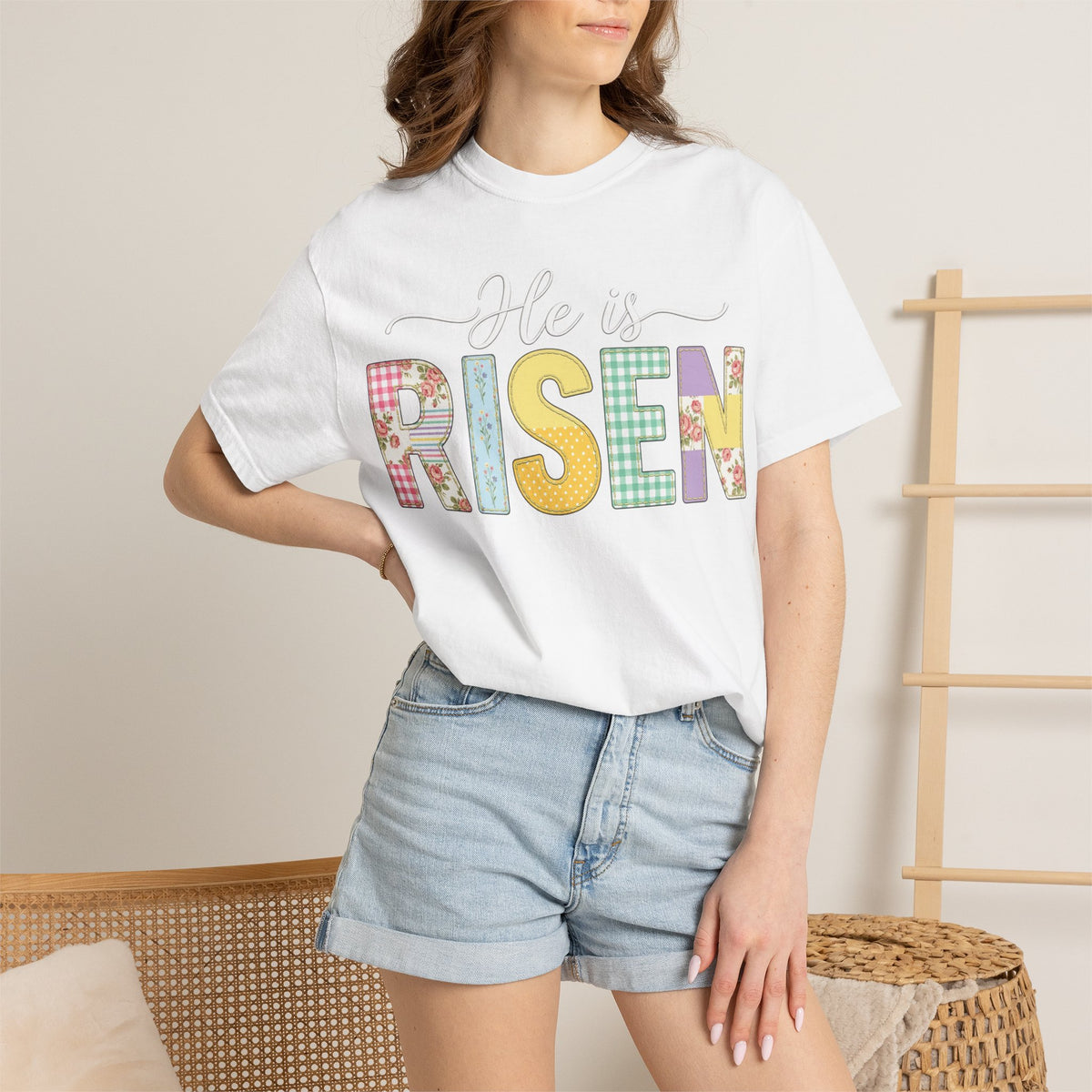 He Is Risen Floral Applique Shirt, Rose Gingham Easter Tee, Christian Patchwork Shirt, Easter Gift