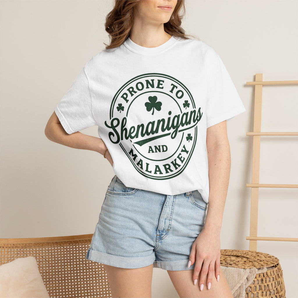 Prone To Shenanigans And Malarkey Shirt, St Patricks Day Badge Tee, Funny Irish Shirt, Paddys Day Gift