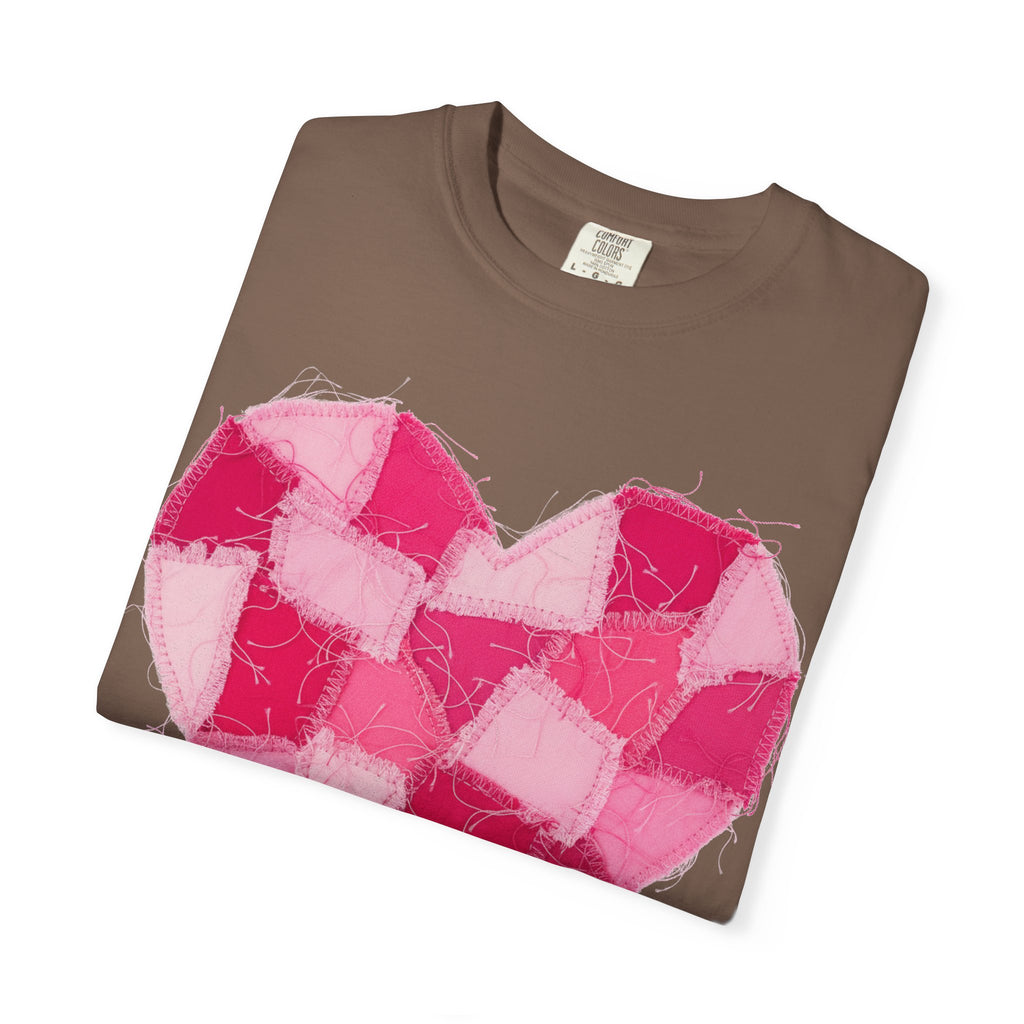Hot Pink Patchwork Heart Shirt, Checkered Quilt Heart Tee, Frayed Applique Valentine Shirt, Gift For Her