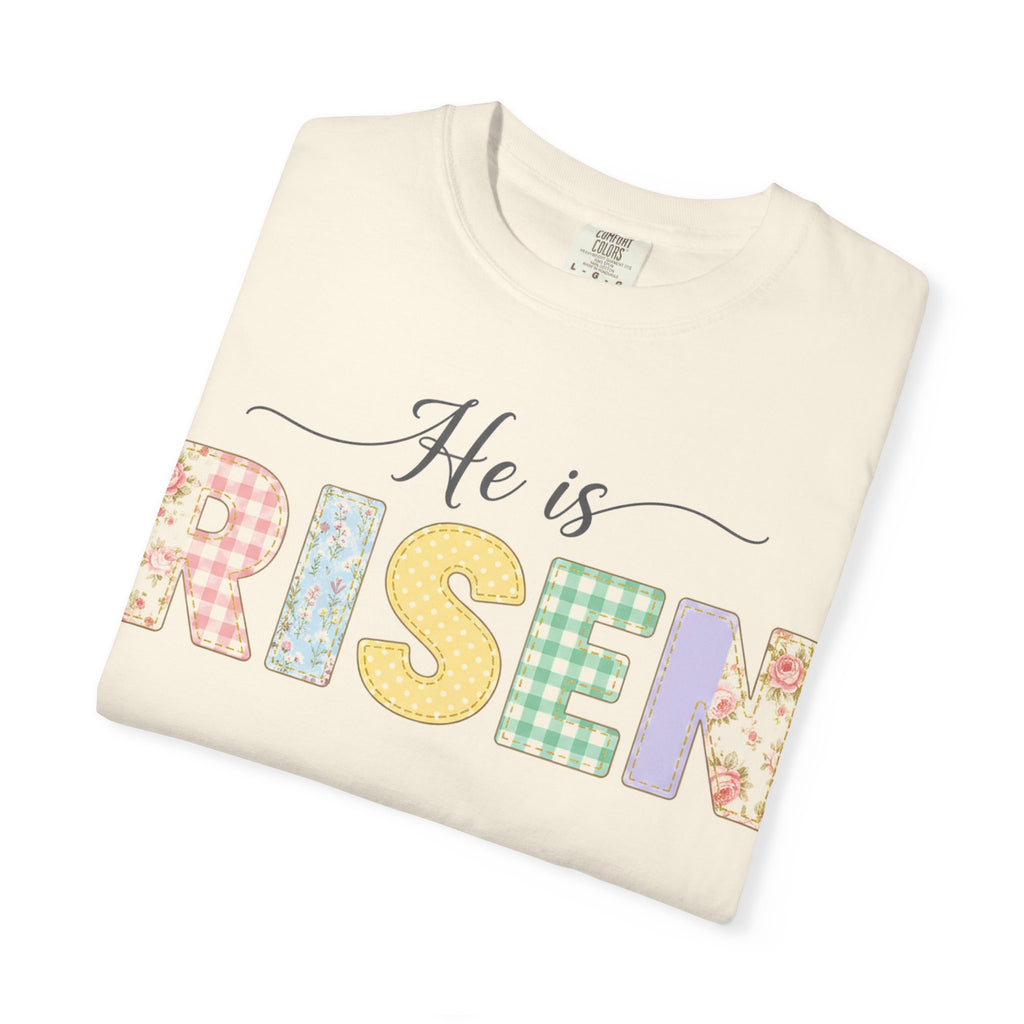 He Is Risen Pastel Patch Shirt, Easter Faux Stitch Letter Tee, Christian Spring Shirt, Easter Gift