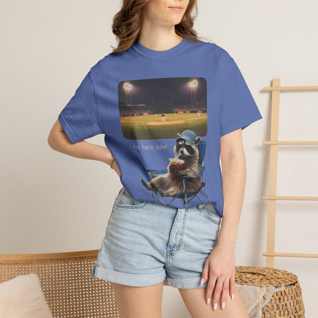 I Live Here Now Ballpark Raccoon Shirt, Funny Baseball Parent Tee, Camp Chair Raccoon Shirt, Sports Mom Gift