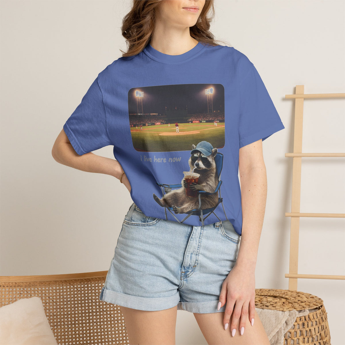 I Live Here Now Ballpark Raccoon Shirt, Funny Baseball Parent Tee, Camp Chair Raccoon Shirt, Sports Mom Gift