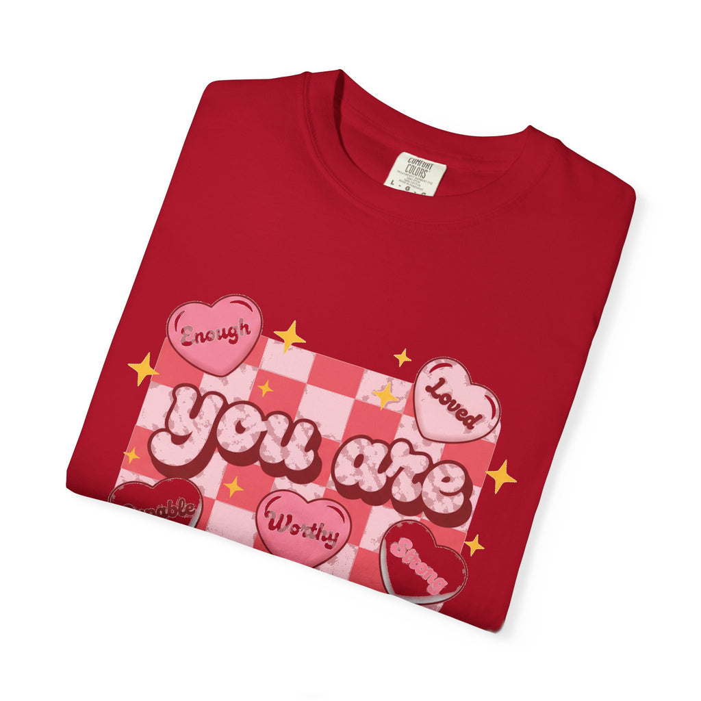You Are Enough Pink Check Shirt, Affirmation Conversation Heart Tee, Valentines Shirt, Self Love Gift