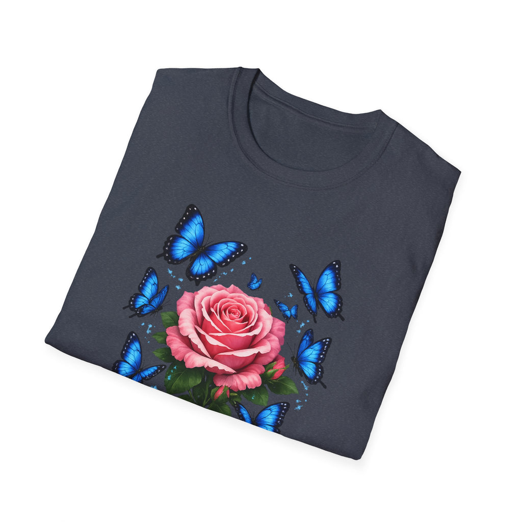 Rose and Blue Butterflies T-Shirt — Floral Garden Tee for Spring & Gifts