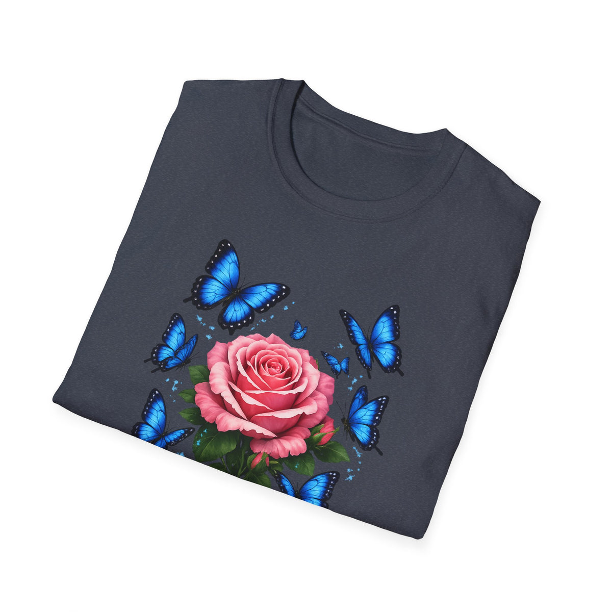 Rose and Blue Butterflies T-Shirt — Floral Garden Tee for Spring & Gifts