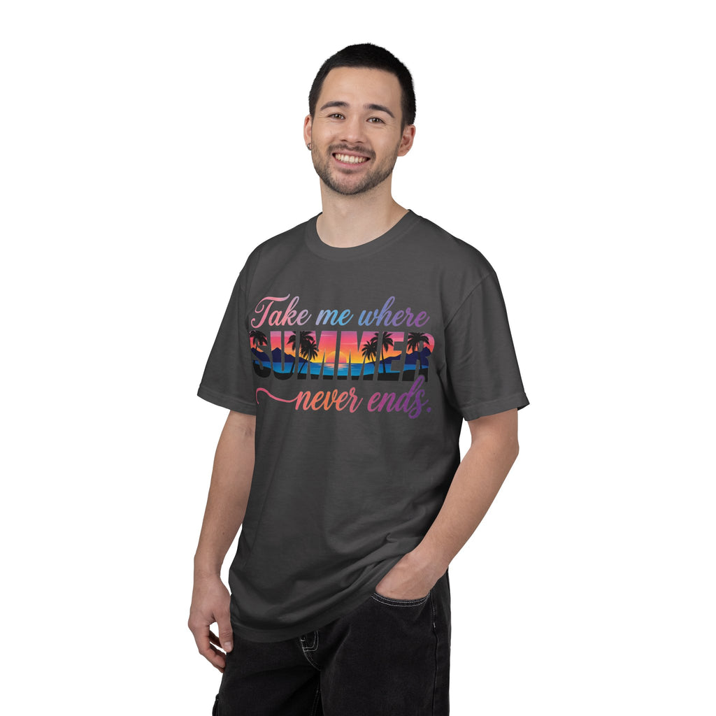 Take Me Where Summer Never Ends Shirt, Sunset Palm Tree Tee, Beach Vacation Shirt, Summer Gift