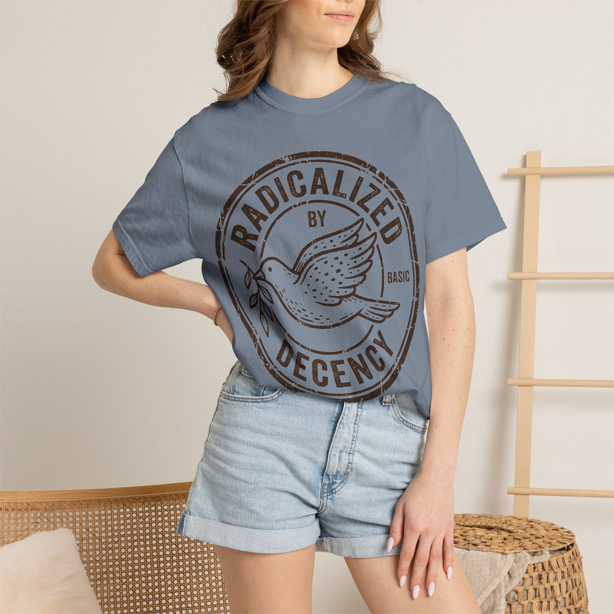 Radicalized By Basic Decency Brown Stamp Shirt, Flying Dove Badge Tee, Kindness Activist Shirt, Ally Gift
