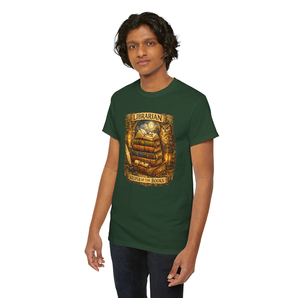 Librarian 'Keeper of the Books' T-Shirt — Vintage Bookstack & Owl Graphic