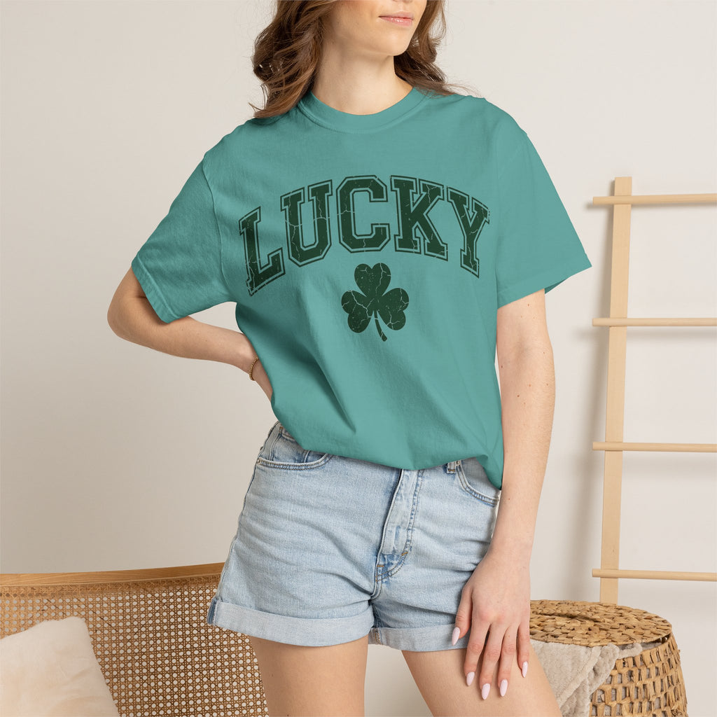 Lucky Shamrock Varsity Shirt, Distressed Green Clover Tee, St Patricks Day Collegiate Shirt, Irish Gift