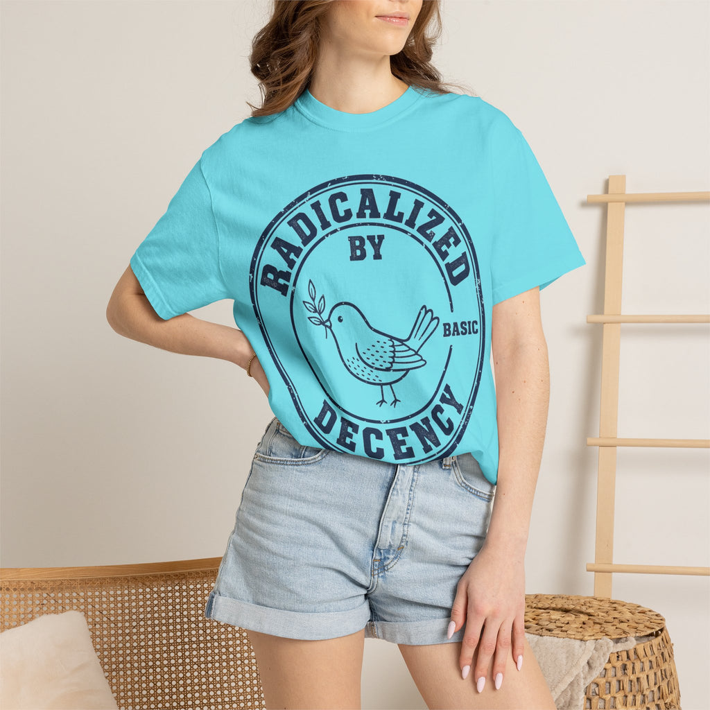 Radicalized By Basic Decency Navy Stamp Shirt, Line Art Dove Badge Tee, Kindness Protest Shirt, Activist Gift