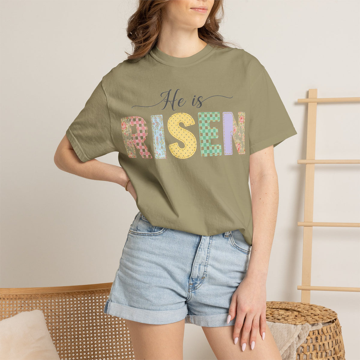 He Is Risen Pastel Patch Shirt, Easter Faux Stitch Letter Tee, Christian Spring Shirt, Easter Gift