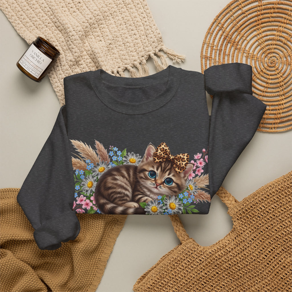 Cute Kitten Sweatshirt, Leopard Bow Floral Cat Sweatshirt, Coquette Cat Lover Gift, Tabby Kitten Pampas Flowers Sweatshirt, Cat Mom Boho Swe