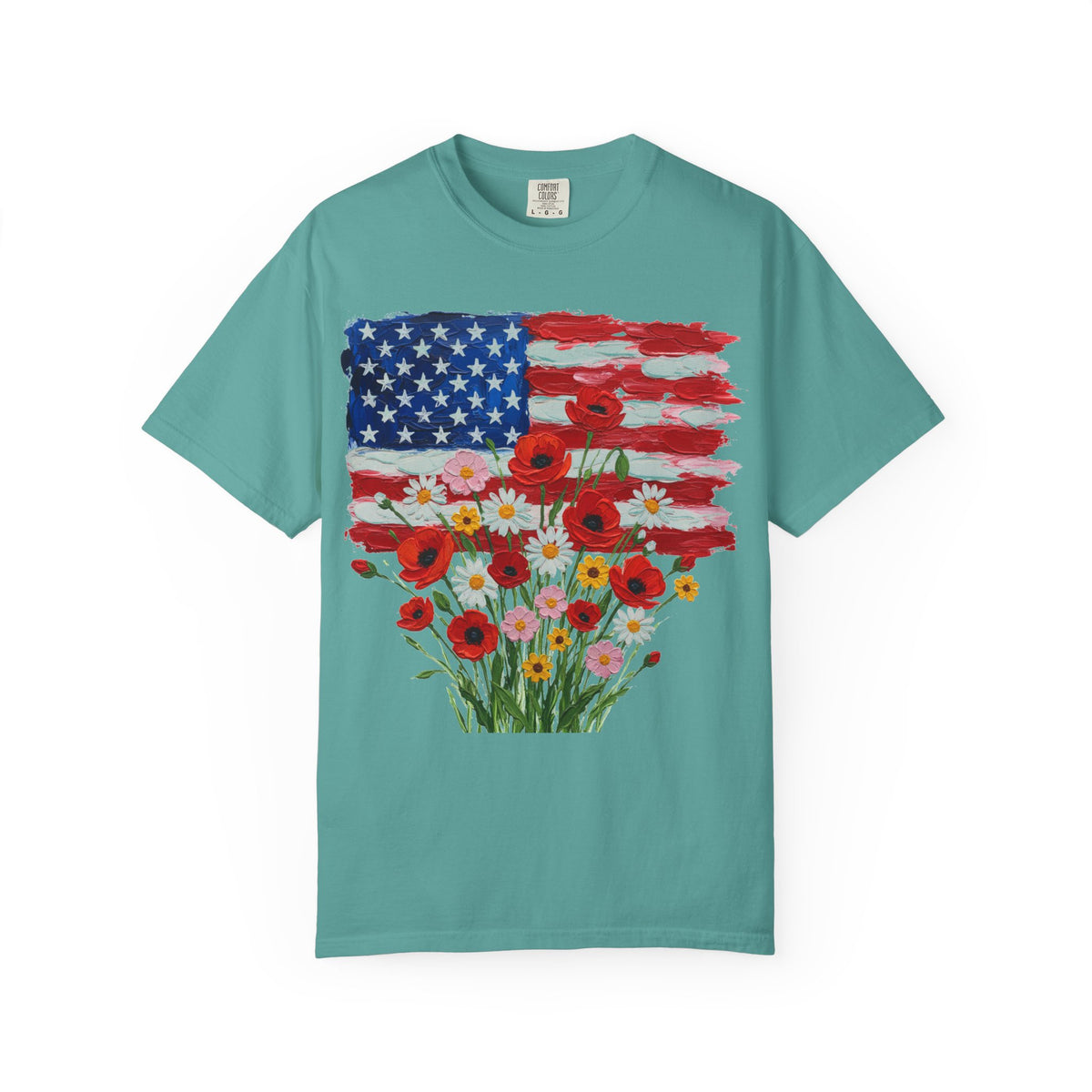 American Flag Poppy Bouquet Shirt, Impasto Patriotic Floral Tee, Memorial Day Shirt, Veterans Gift
