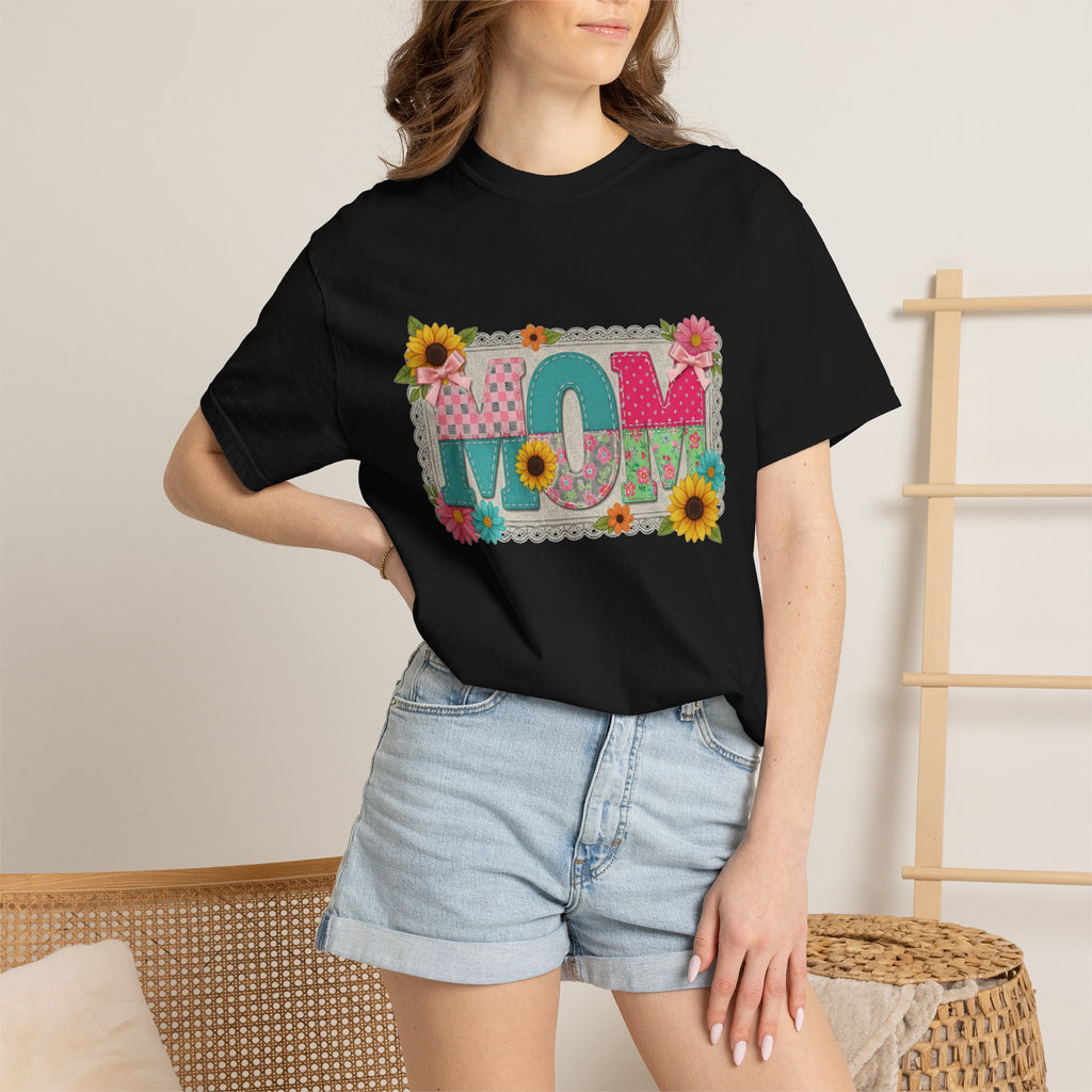 Mom Sunflower Applique Shirt, Faux Stitch Floral MOM Tee, Mothers Day Shirt, Mom Gift