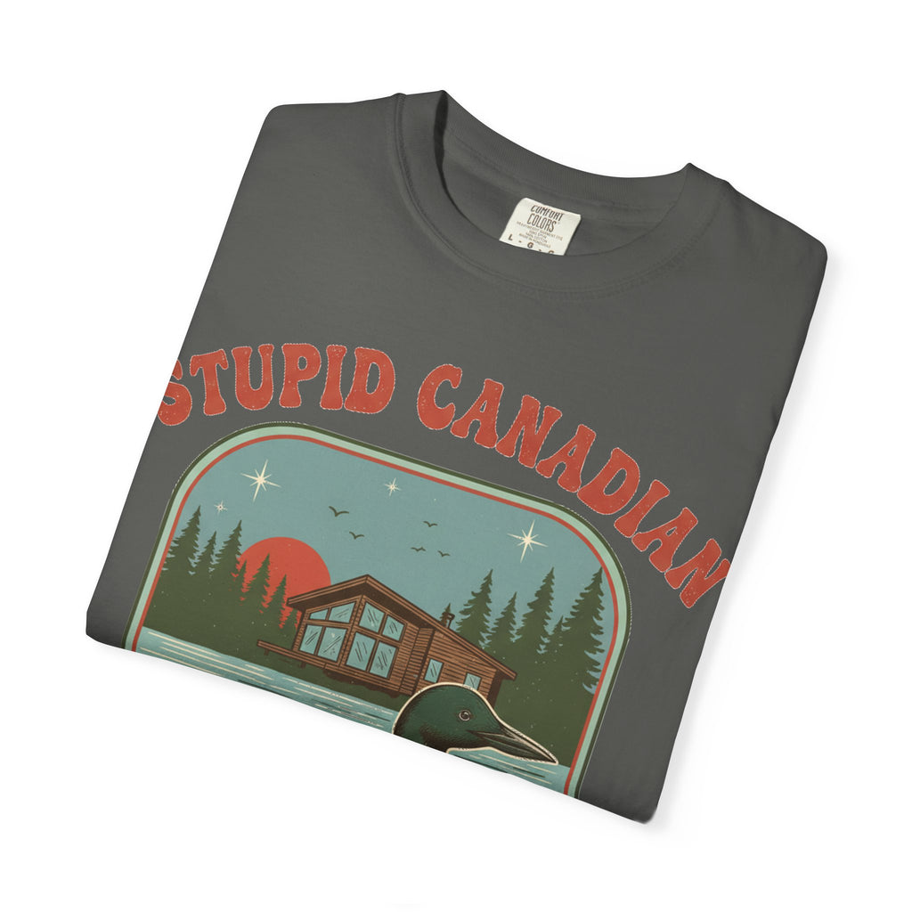 Stupid Canadian Wolf-Bird Arched Shirt, Retro Loon Sunset Badge Tee, Funny Lake Shirt, Cabin Gift