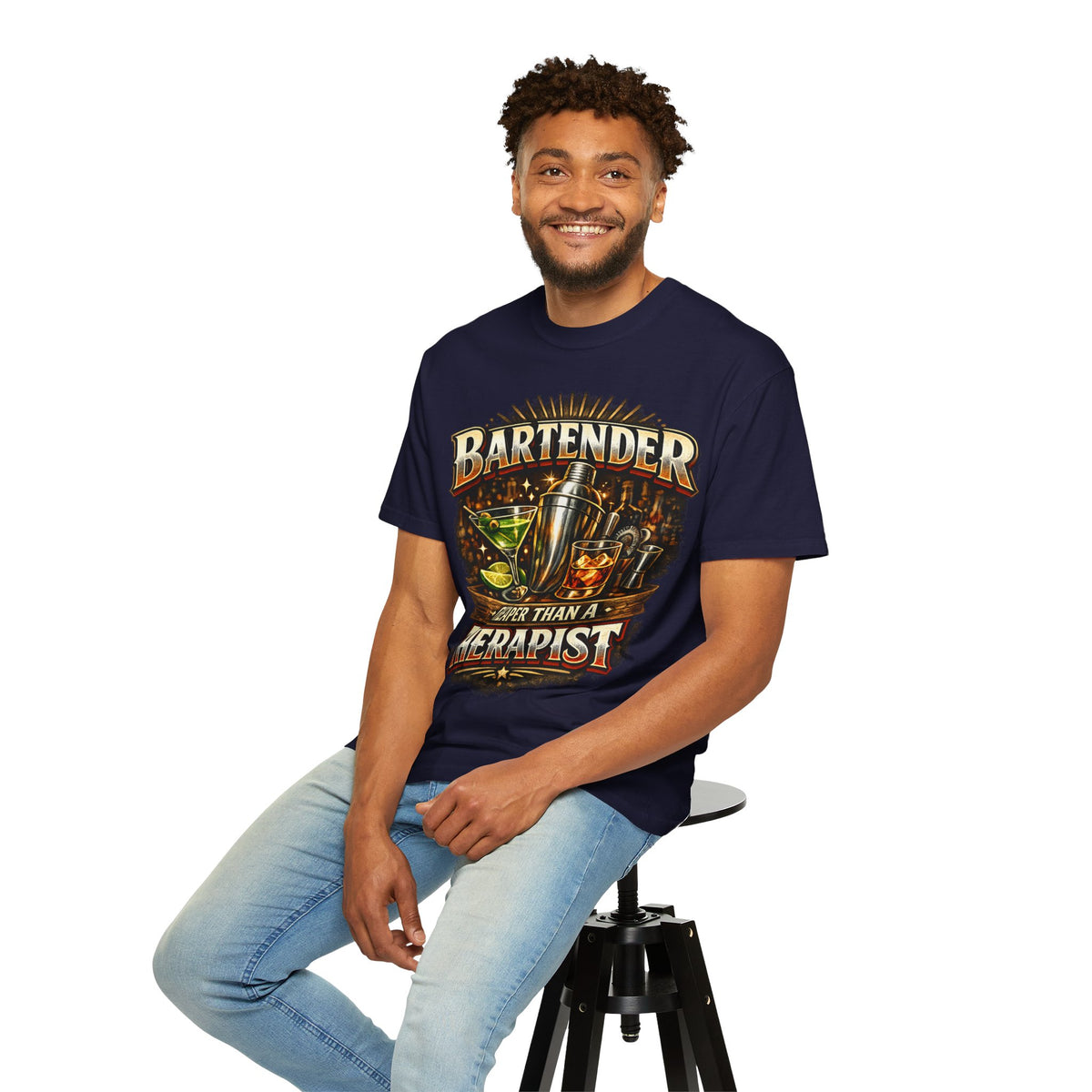 Bartender T-Shirt — "Bartender: Cheaper Than a Therapist" Vintage Bar Graphic Tee