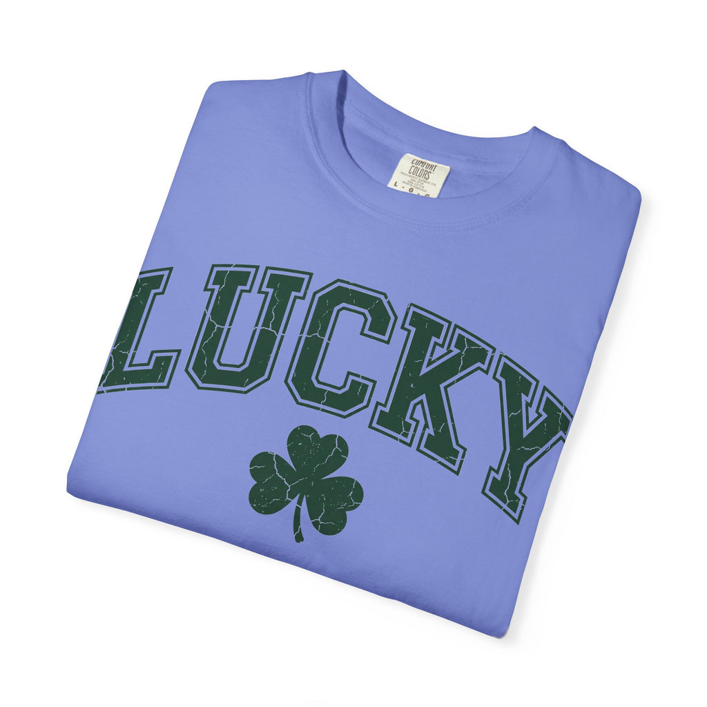 Lucky Shamrock Varsity Shirt, Distressed Green Clover Tee, St Patricks Day Collegiate Shirt, Irish Gift