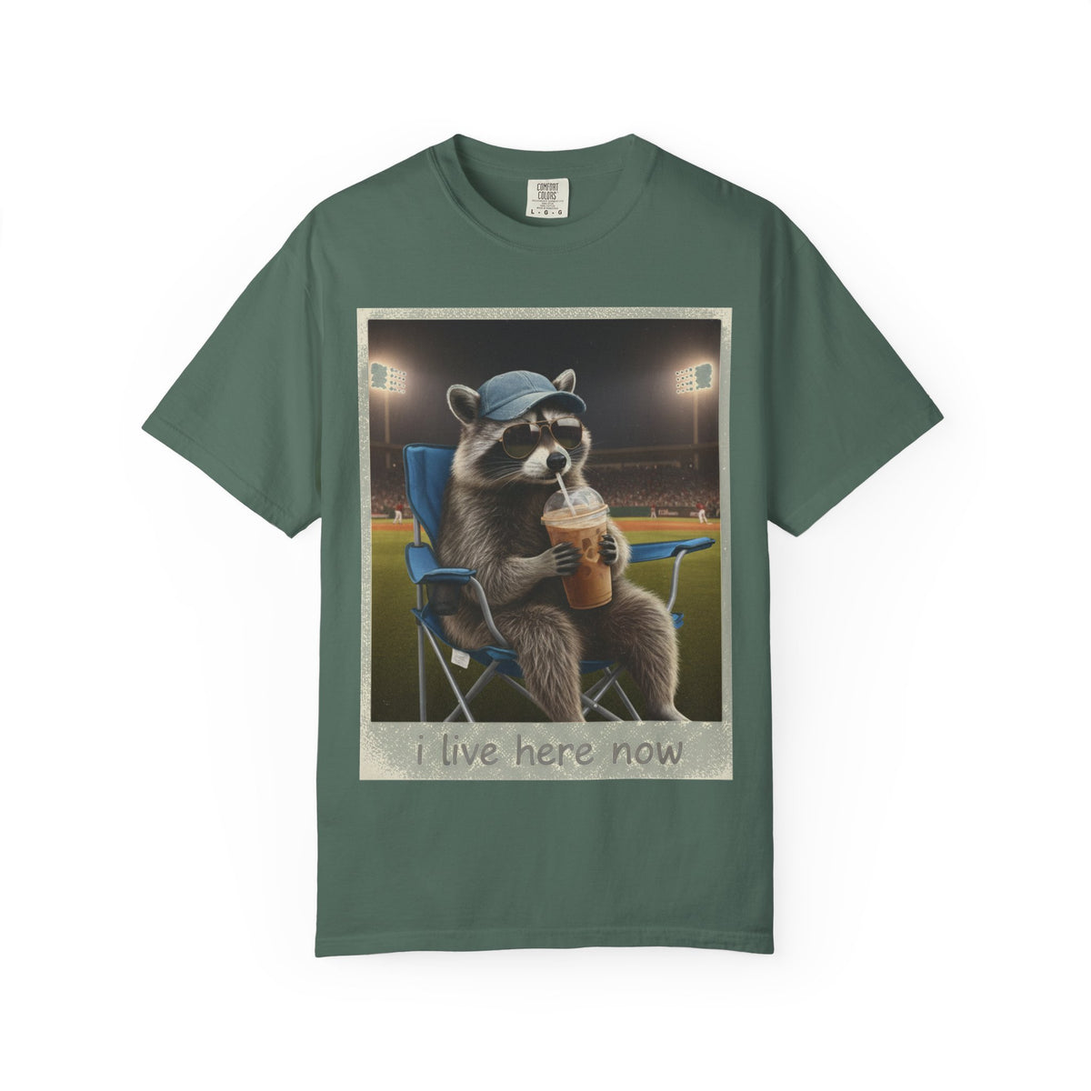 Baseball Raccoon Shirt, I Live Here Now Tee, Funny Ballpark Iced Coffee Shirt, Baseball Mom Gift