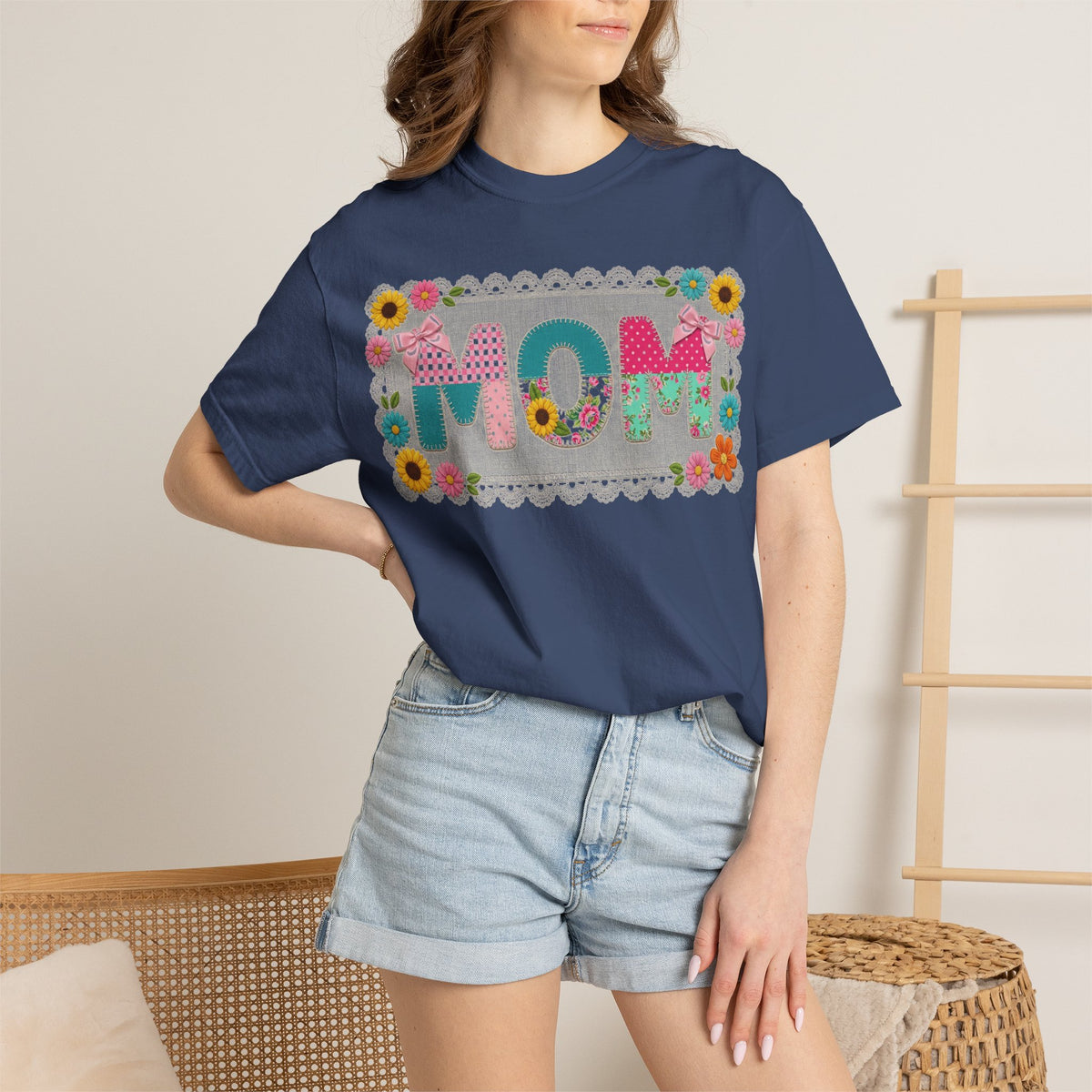 Mom Patchwork Applique Shirt, Faux Embroidery Floral MOM Tee, Mothers Day Shirt, Gift For Mom
