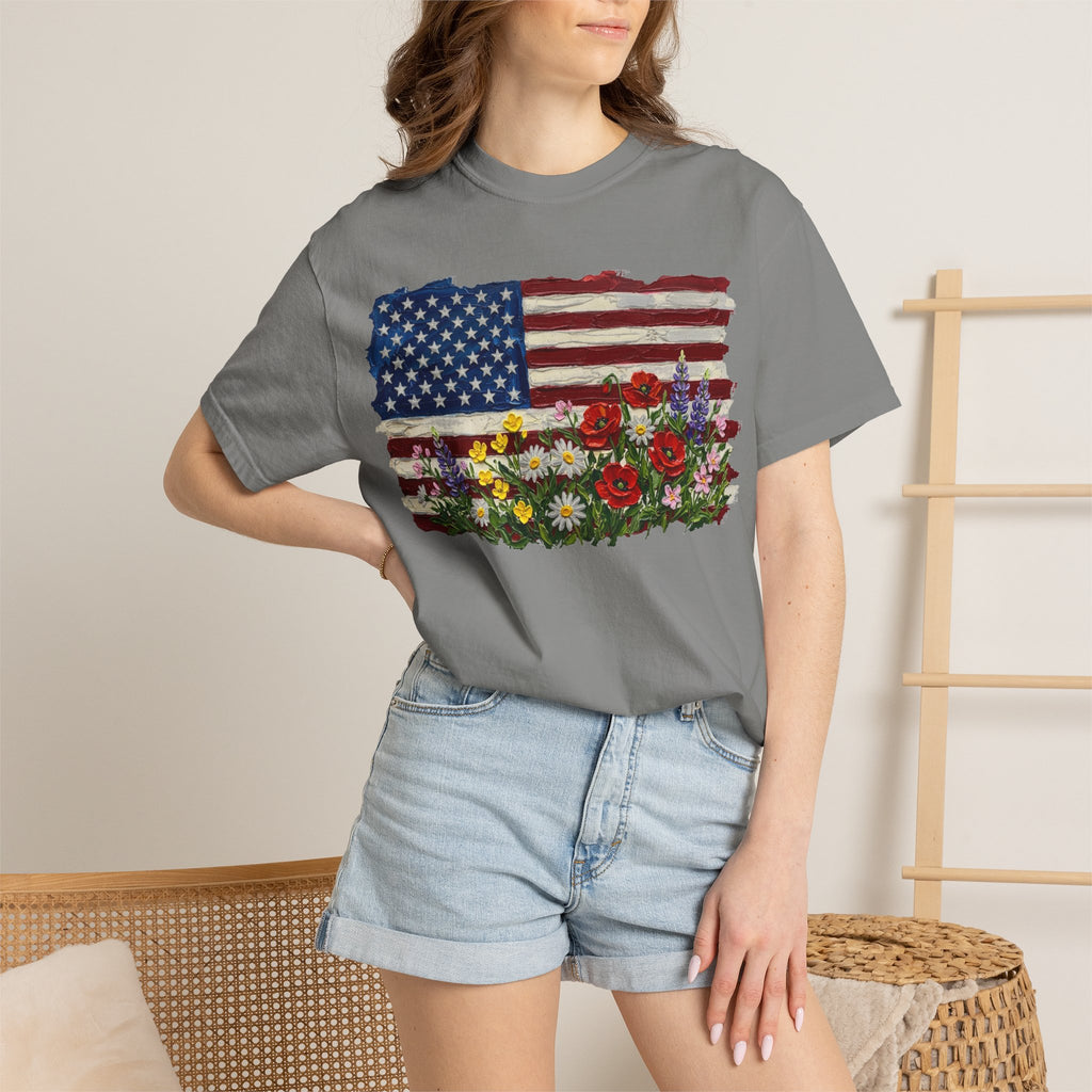 Painted Flag Wildflower Meadow Shirt, Impasto Americana Floral Tee, Patriotic Shirt, Independence Day Gift