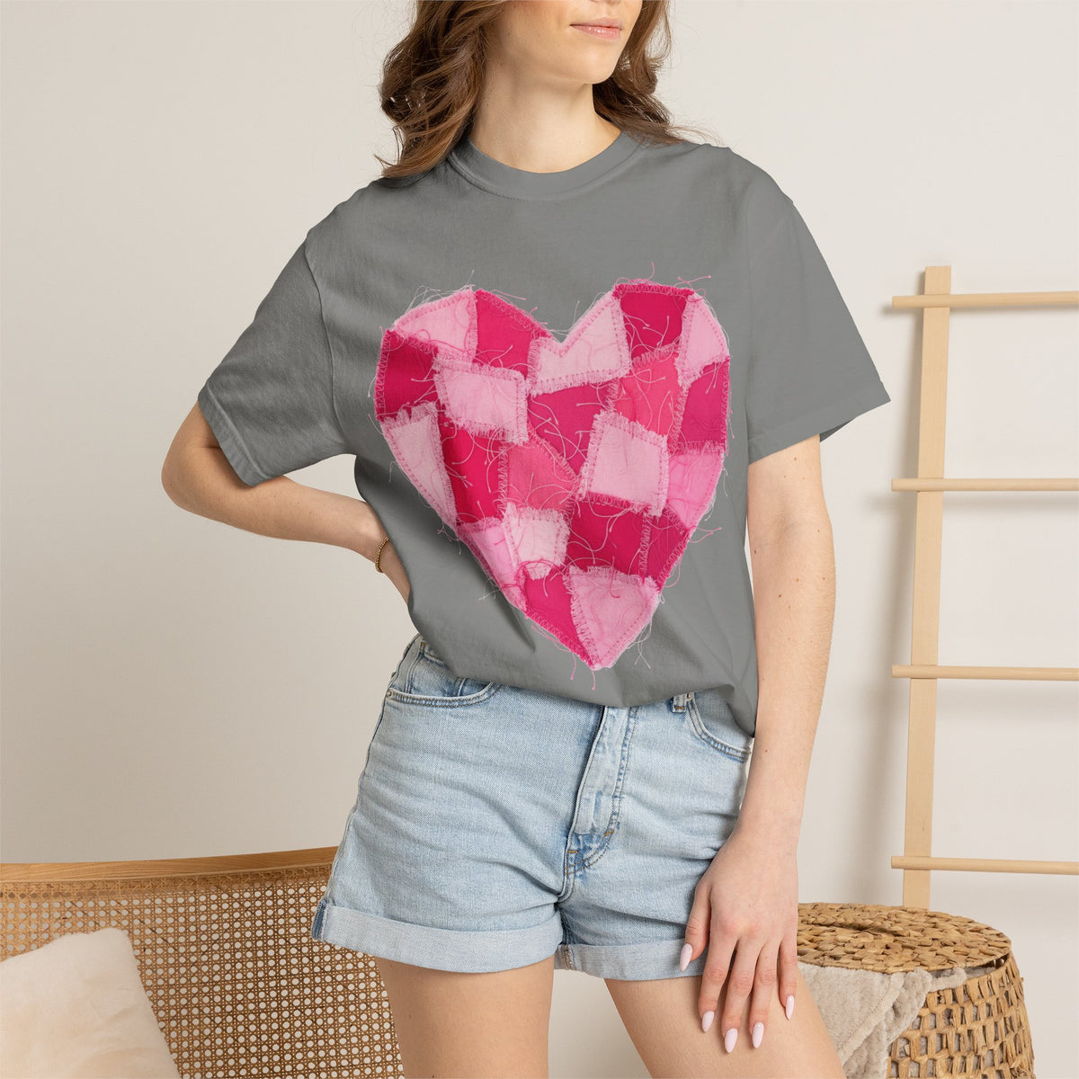Hot Pink Patchwork Heart Shirt, Checkered Quilt Heart Tee, Frayed Applique Valentine Shirt, Gift For Her